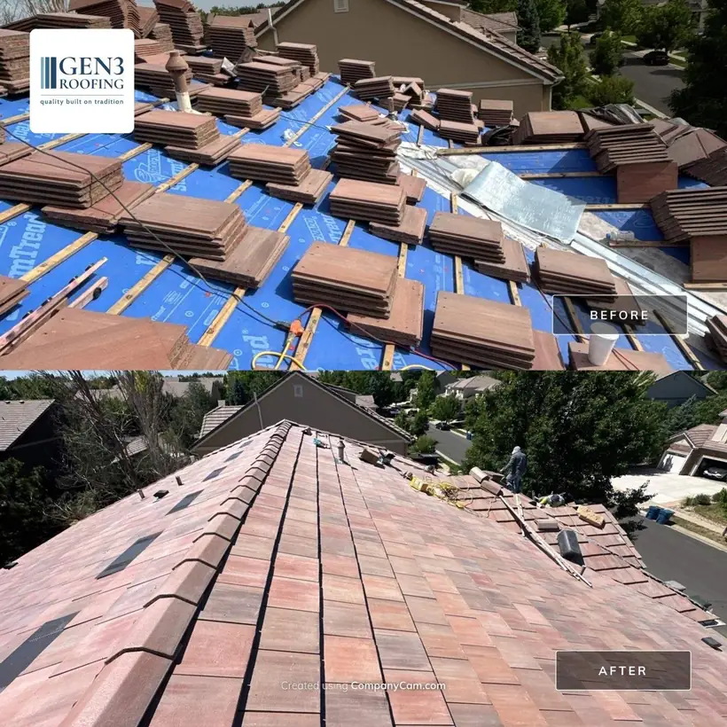 Before and after in Broomfield, CO: tile roof under a blue tarp, then new concrete tile