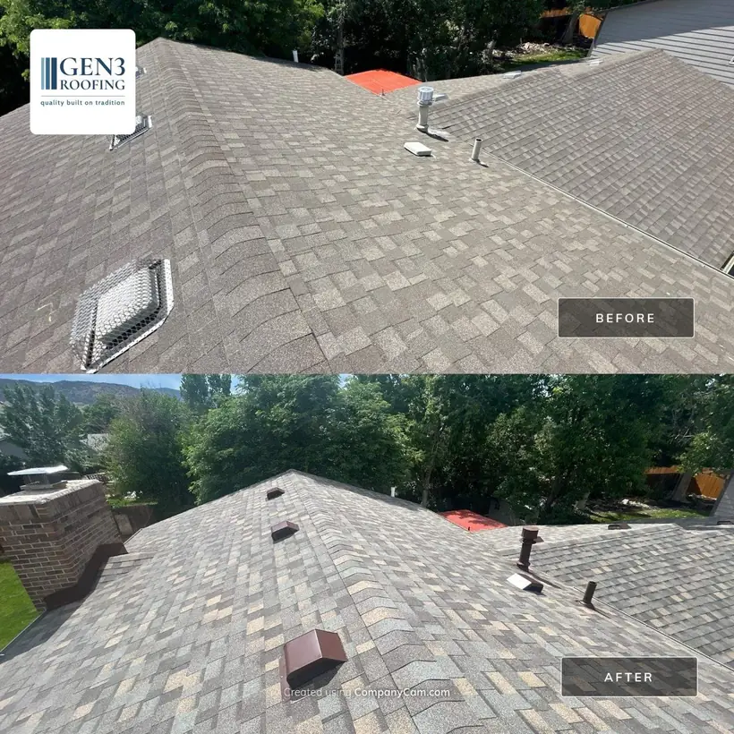 Before and after in Centennial, CO: old shingles around a skylight, then new architectural shingles
