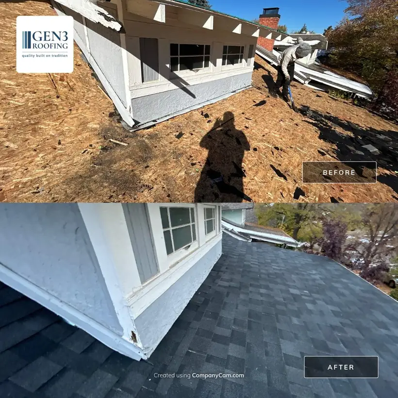 Before and after in Denver, CO: storm-damaged dormer stripped to the sheathing, then the rebuilt dormer with new shingles
